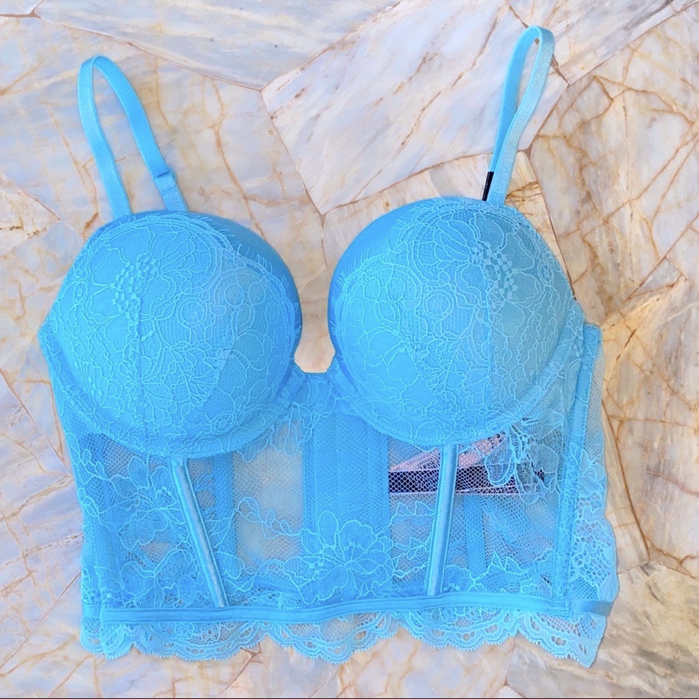 32B VERY SEXY Bombshell Add-2-Cups Push-Up Corset Bra Top Breaker Light Blue